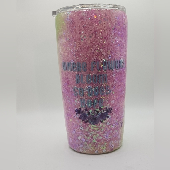 None Other - Pink Glitter Tumbler with Floral Design